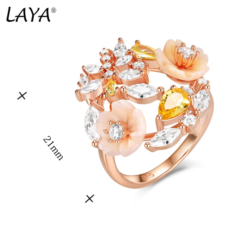 925 Sterling Silver Yellow White Zircon Shell Flower Ring for Women