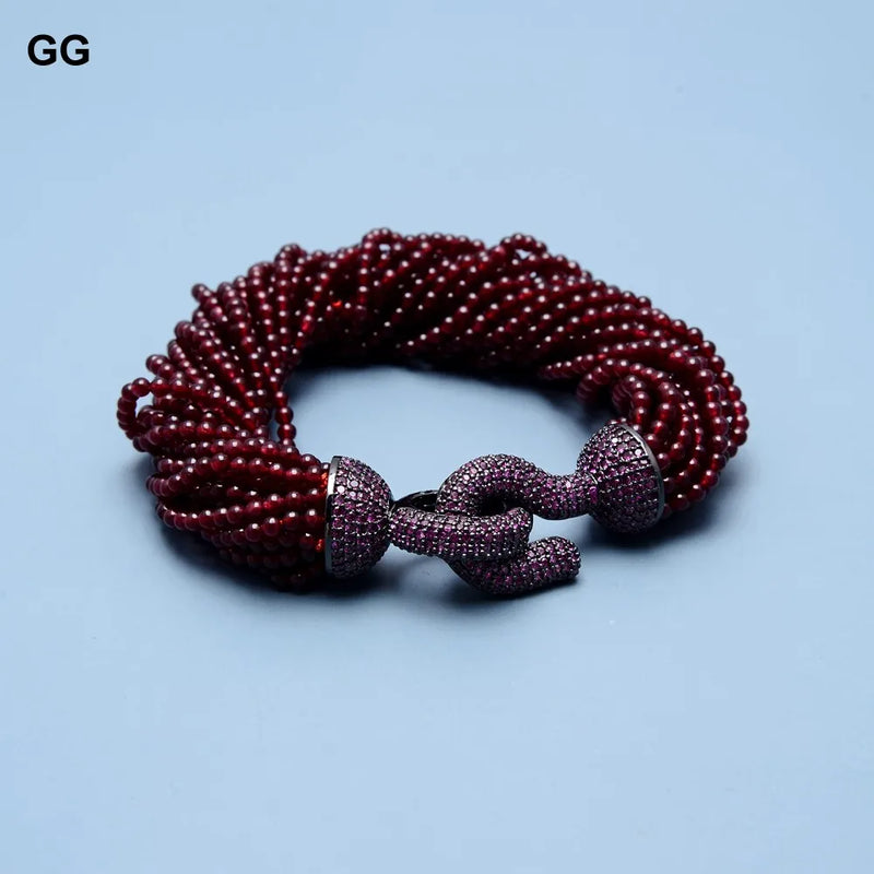 Gunmetal 20 Strands Garnet Beads Bracelet with Purple CZ Clasp, for Women