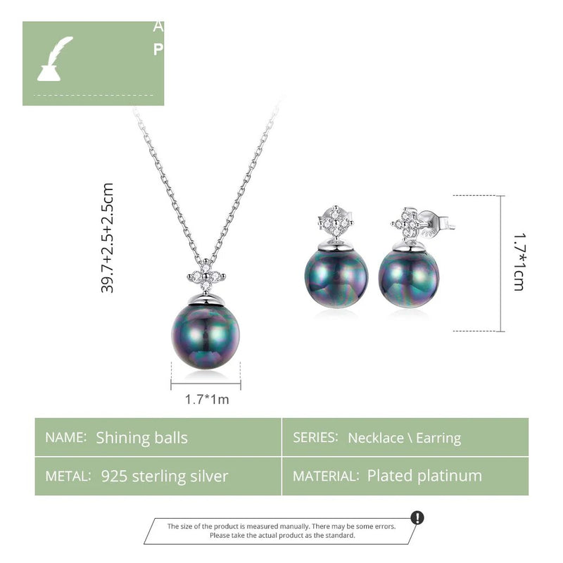 925 Sterling Silver Black Pearl Necklace and Earrings Set for Women