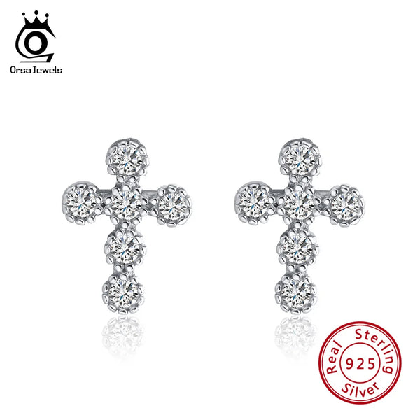 Sterling Silver Cross Stud Earrings with Zircon, Rose Gold for Women