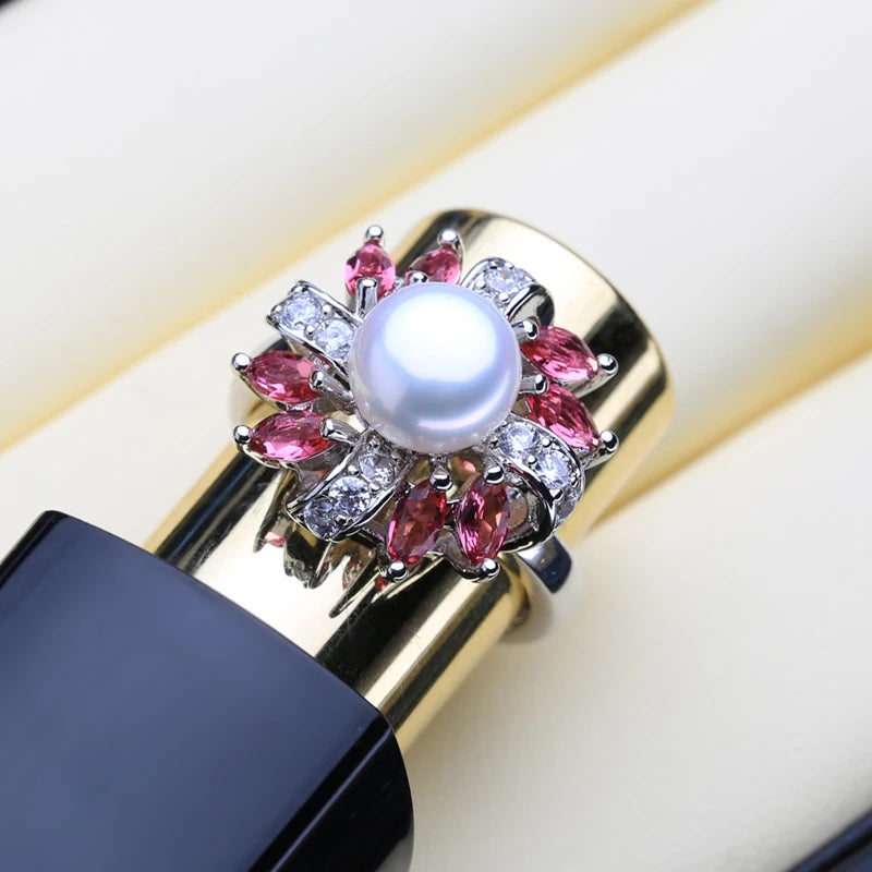 925 Sterling Silver Freshwater Pearl Ruby Ring for Women