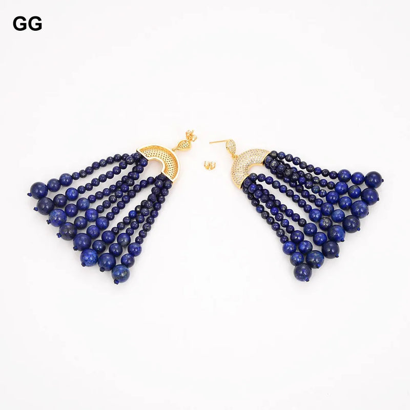 Gold Plated Round Blue Lapis Lazuli & CZ Earrings for Women