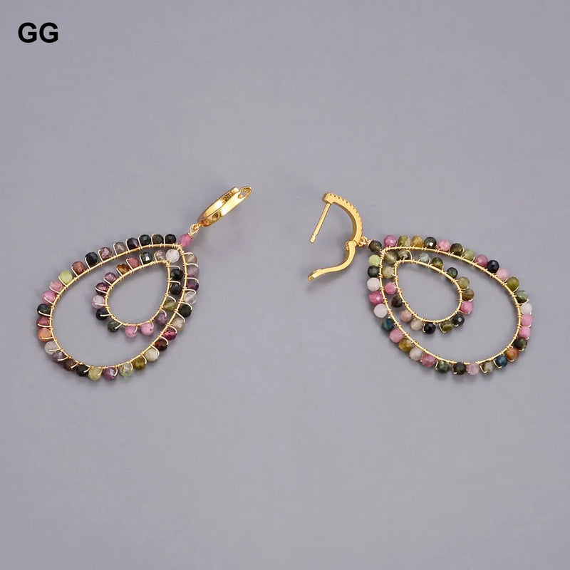 Sterling Silver Natural Teardrop Multi Color Tourmaline CZ Pave Lever Back Dangle Earrings for Women