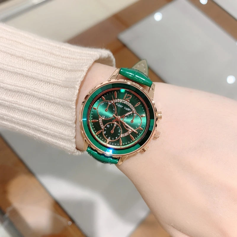 Top Quality Fashion Lady's Luxury Wristwatch: Genuine Leather, Green Dial, Pink Accents