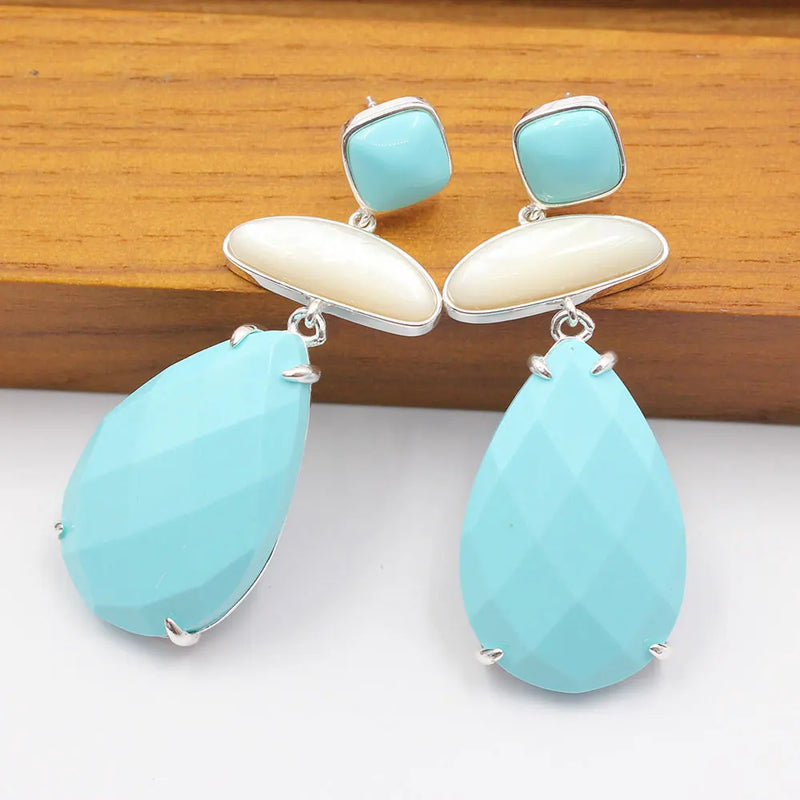 Sterling Silver Natural White Shell Blue Turquoise Dangle Stud Earrings for Women