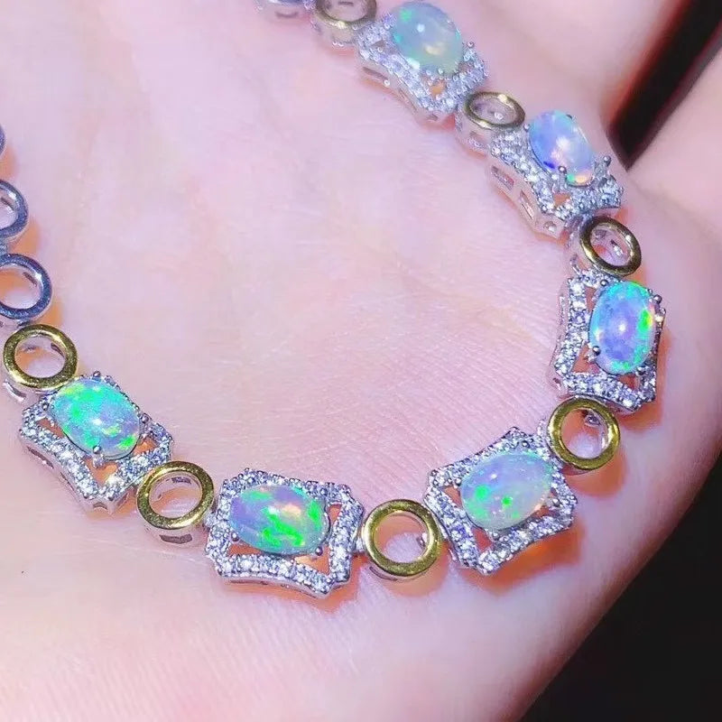 925 Silver Gold Plated Natural Opal Bracelet for Women