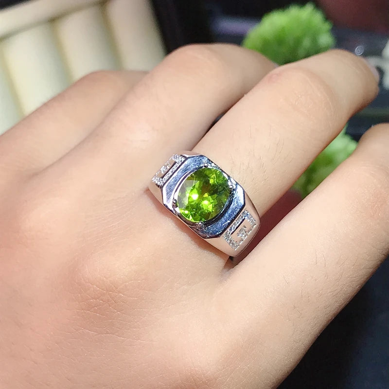 Sterling Silver Olivine Ring with Green Gemstone, size not specified, for men