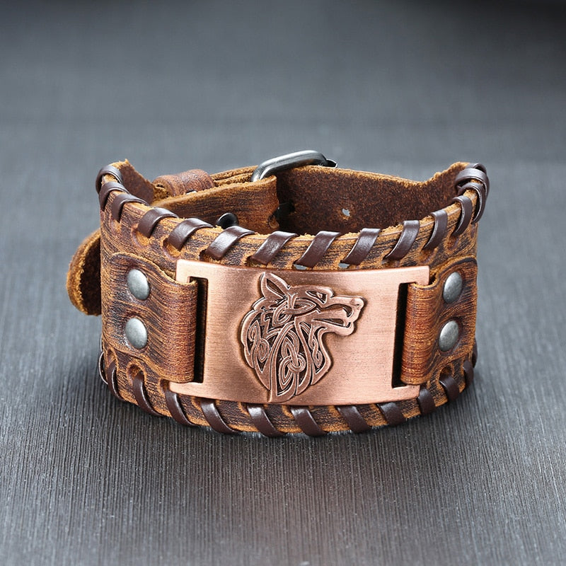 Leather Wolf Viking Compass Charm Bracelet for Men