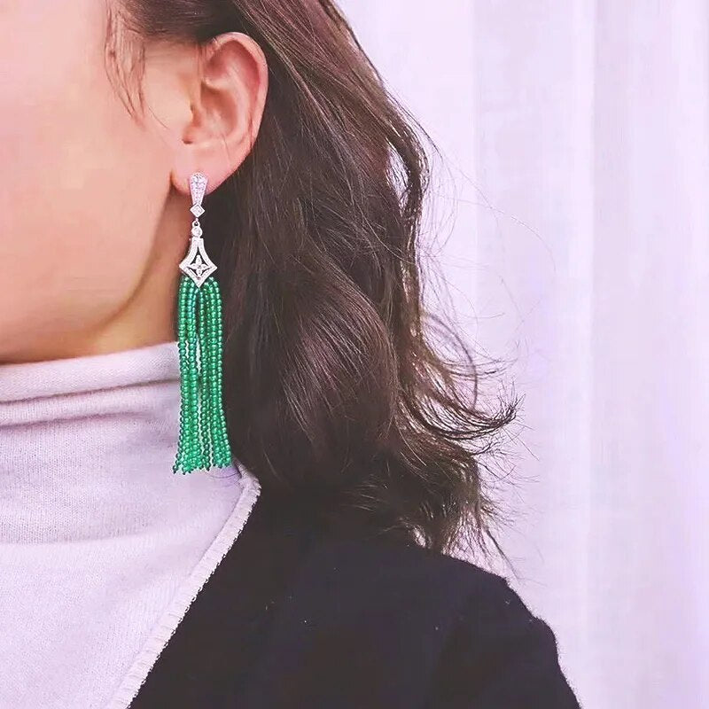 Sterling Silver Green Agate Turquoise Tassel Earrings for Women