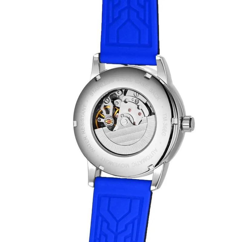 Stainless Steel Silicone Men's Automatic Watch with Blue and White Dial