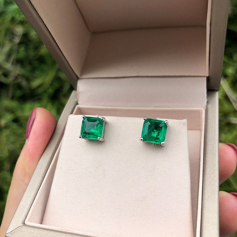 Sterling Silver Emerald Cut Emerald Earrings for Women