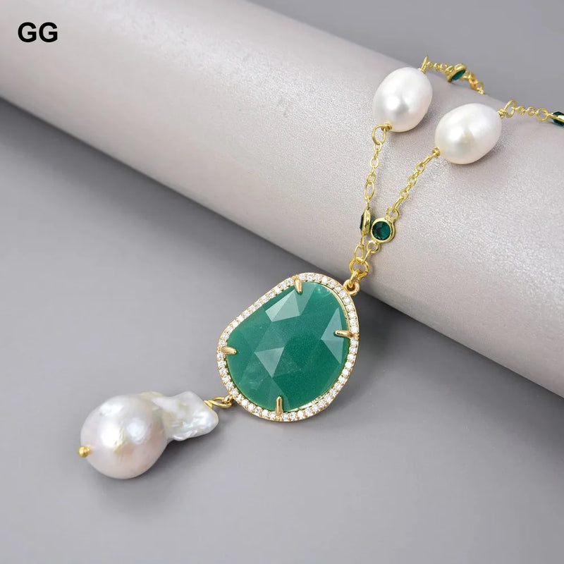 Gold Plated White Rice Pearl & Keshi Pearl Necklace with Green Crystal Pendant for women