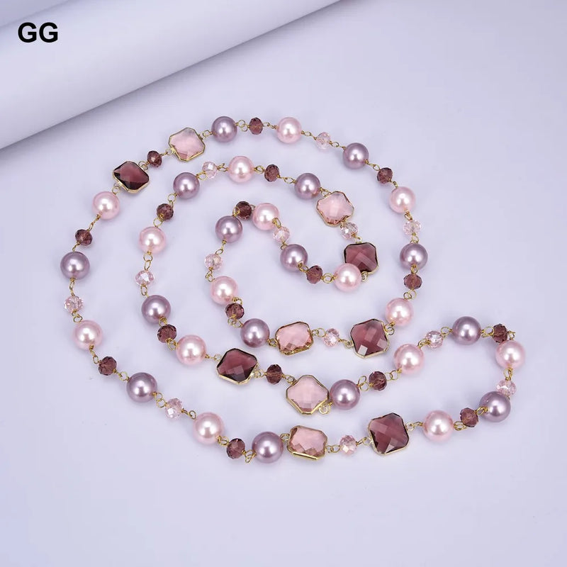 Gold Plated Crystal Pearl Multi Color Sea Shell Long Necklace for Her