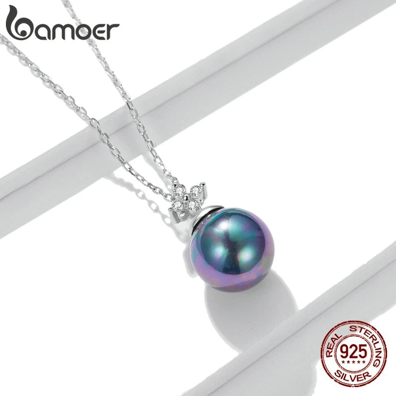 925 Sterling Silver Black Pearl Charm Necklace with Zircon for Women