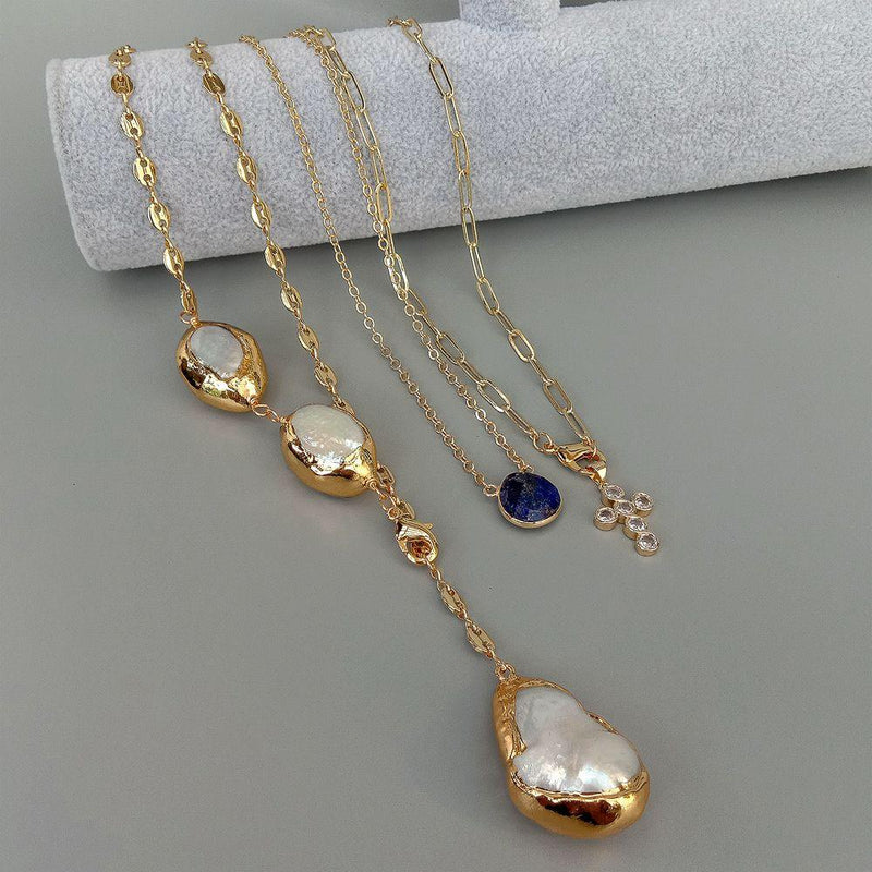 Sterling Silver Cultured White Keshi Pearl Lapis CZ Crucifix Drop Necklace for Women