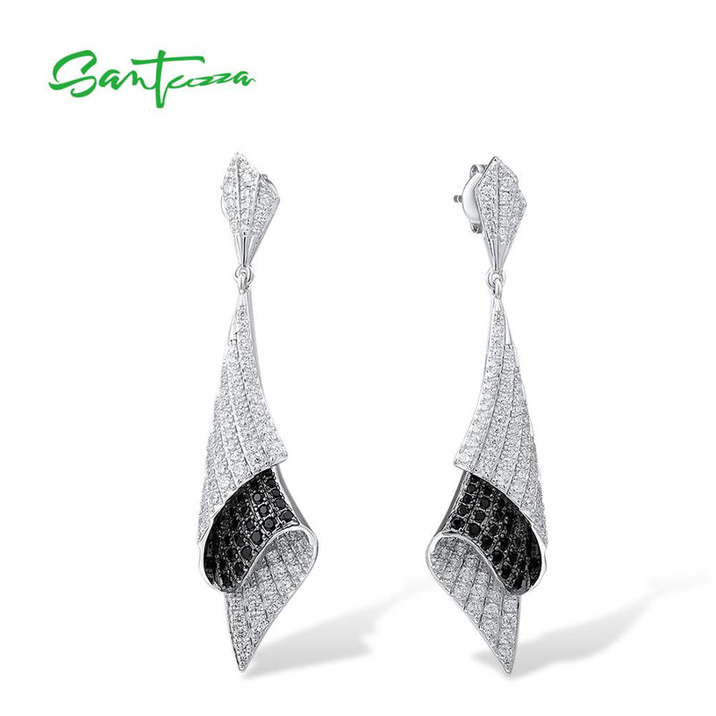 925 Sterling Silver Folded Black Spinel and White Cubic Zirconia Earrings for Woman