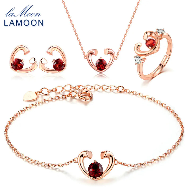 925 Sterling Silver Garnet Heart Jewelry Set For Women