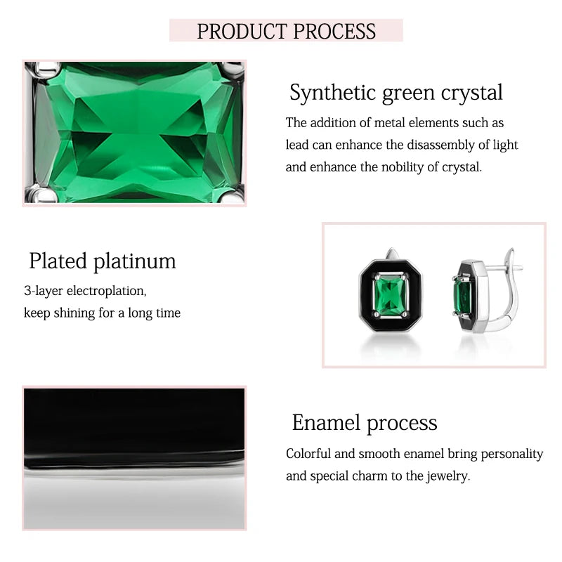 Sterling Silver Synthetic Green Crystal Black Enamel Square Ring for Women