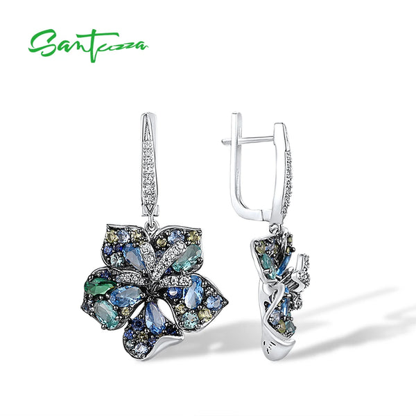 925 Sterling Silver Multi Gem Blue Lily Flower Drop Earrings for Women