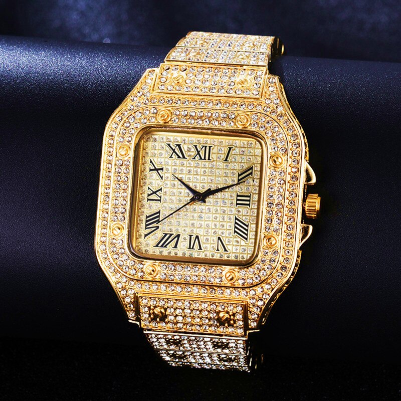 Luxury Gold Iced Out Rhinestone Square Quartz Watch for Unisex