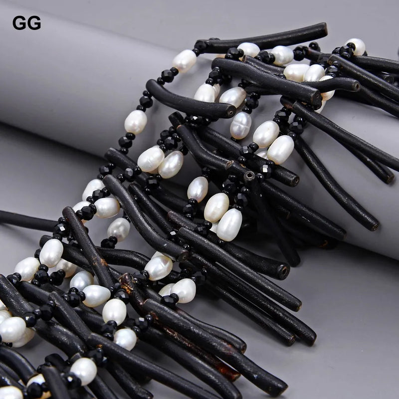 Sterling Silver 8 Strand White Rice Pearl Black Coral Crystal Necklace for Women