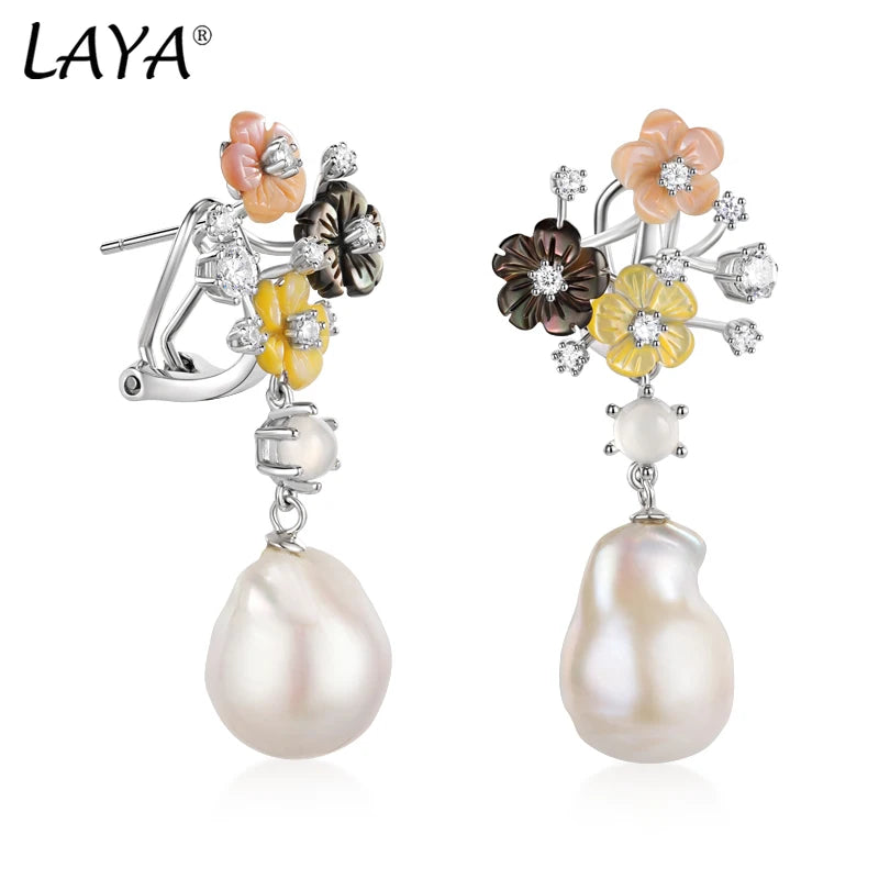 925 Sterling Silver White Chalcedony & Zircon Flower Drop Earrings For Women