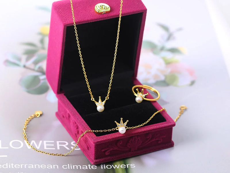 Sterling Silver Gold Plated Natural Freshwater Pearl Crown Jewelry Set for Women