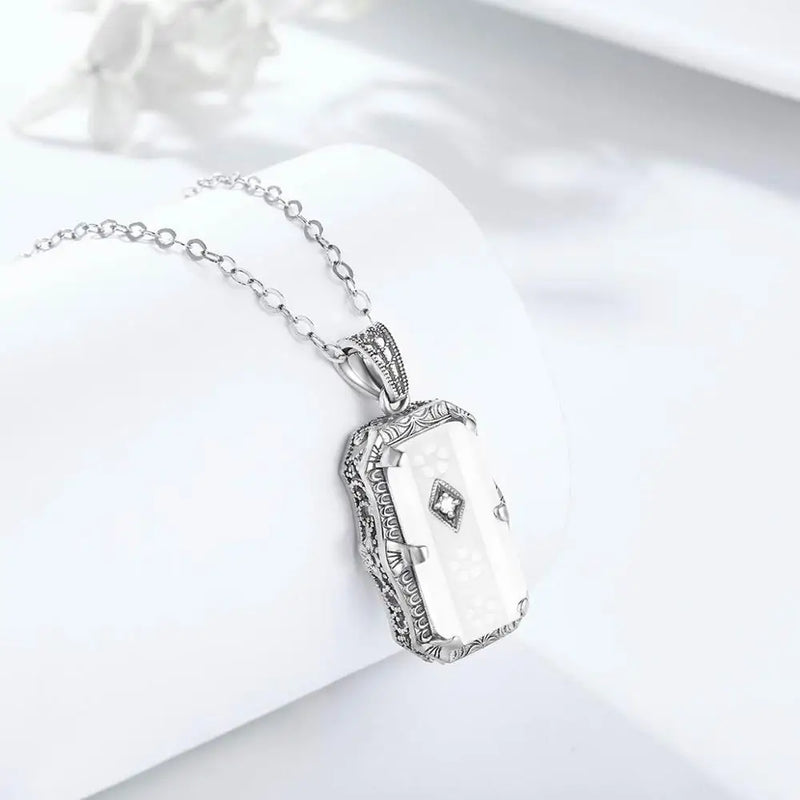 925 Sterling Silver White Agate Pendant Necklace for Women