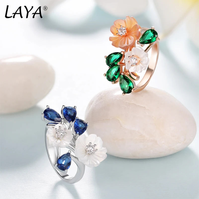 925 Sterling Silver Blue Zircon Shell Flower Ring for Women