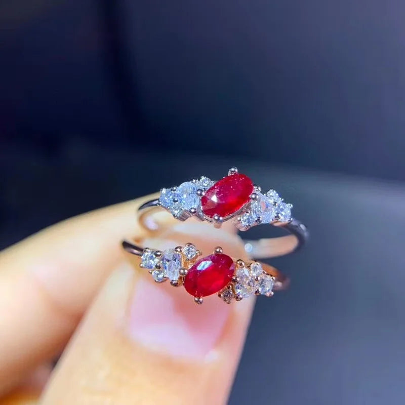 925 Silver Hemp Flowers & Red Ruby Ring for Woman