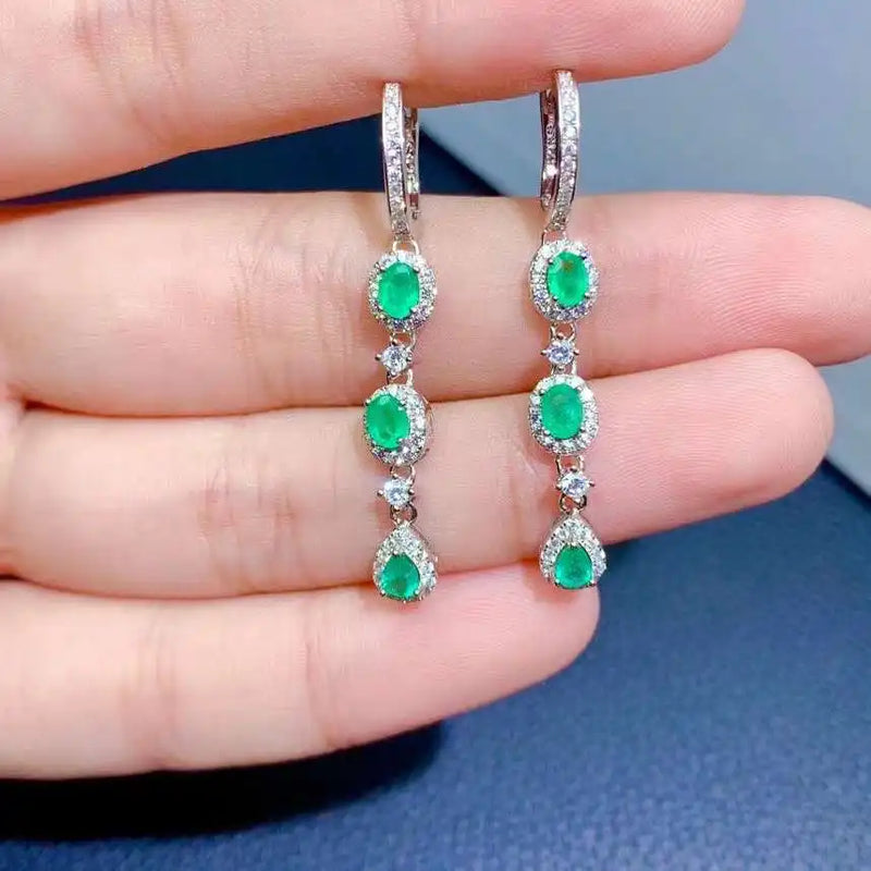 Sterling Silver Emerald Drop Earrings for Women.