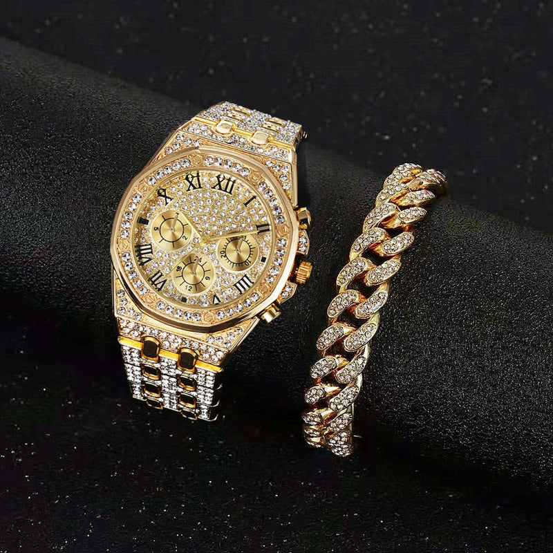 Gold Iced Out CZ Watch with Cuban Chain Necklace Set for Men Women