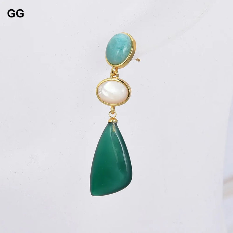 Gold plated geometric Amazonite and shell stud earrings. for her