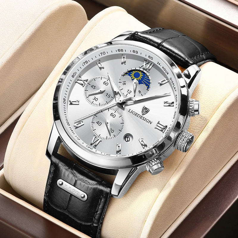 Luxury Men's Fashion Watch with Leather Strap and Waterproof Chronograph Features