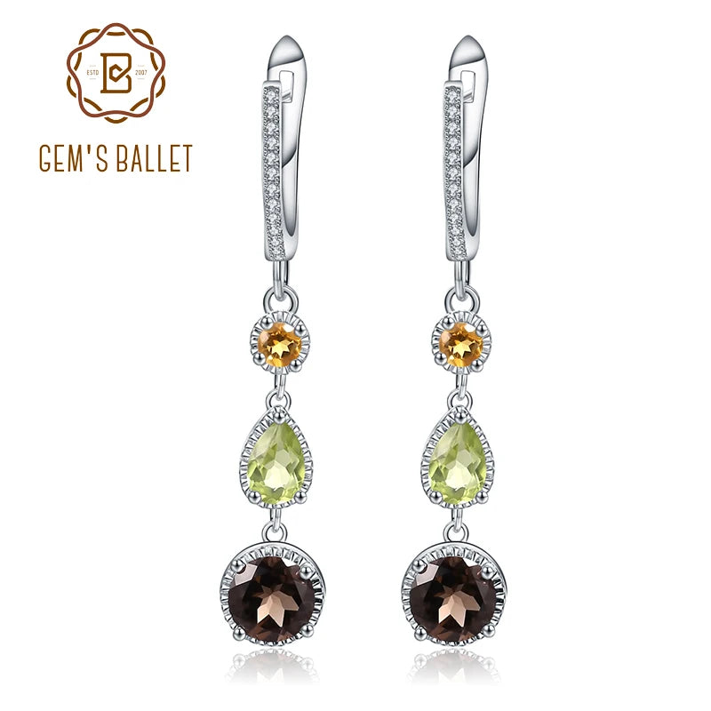 925 Sterling Silver Citrine Peridot Smoky Quartz Drop Earrings For Women