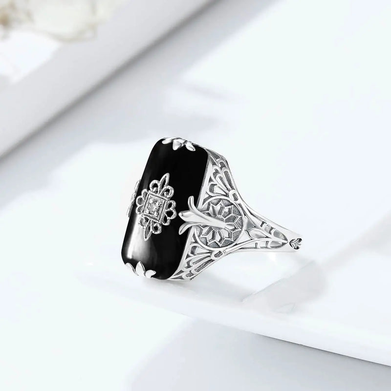 Sterling Silver Black Onyx Rectangle Ring for Women