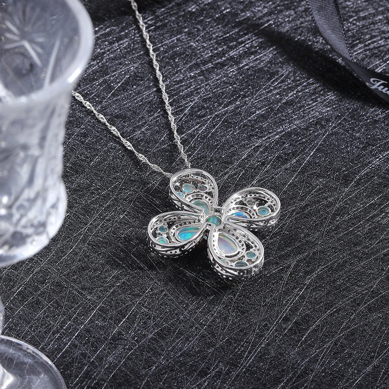 925 Sterling Silver Opal Four Leaf Clover Pendant for Women