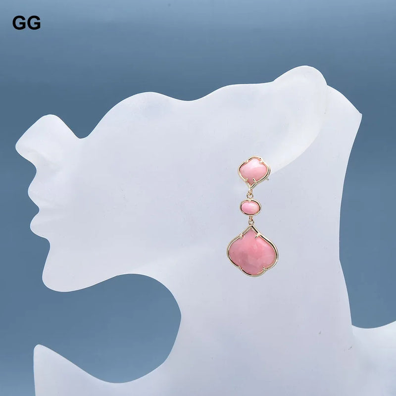 Gold Plated Peach Pink Jade Flower Dangle Stud Earrings for Women