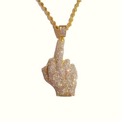 Stainless Steel Full Zircon Rock Middle Finger Pendant Necklace for Men