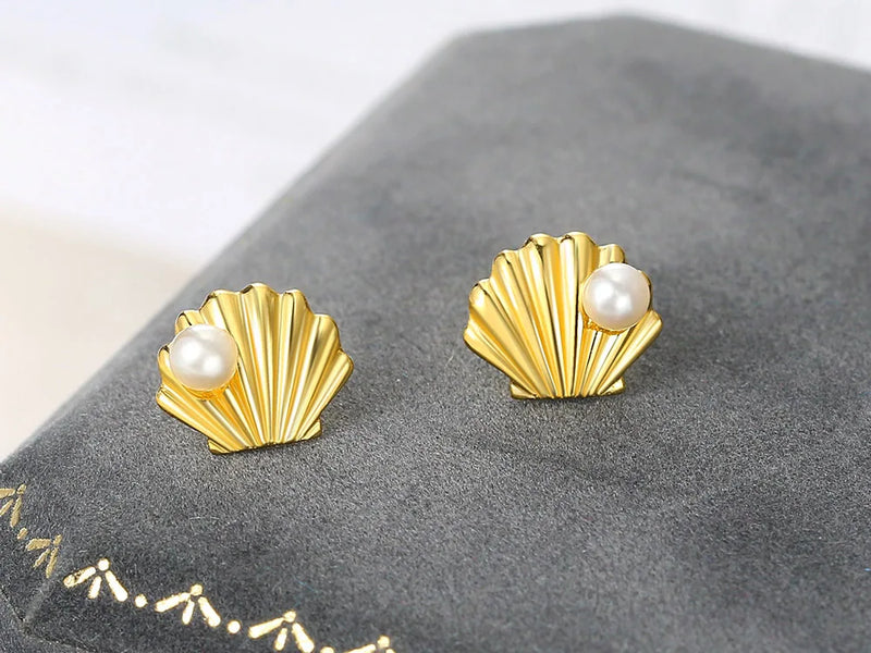 925 Silver 14K Gold Plated Freshwater Pearl Shell Stud Earrings for Women