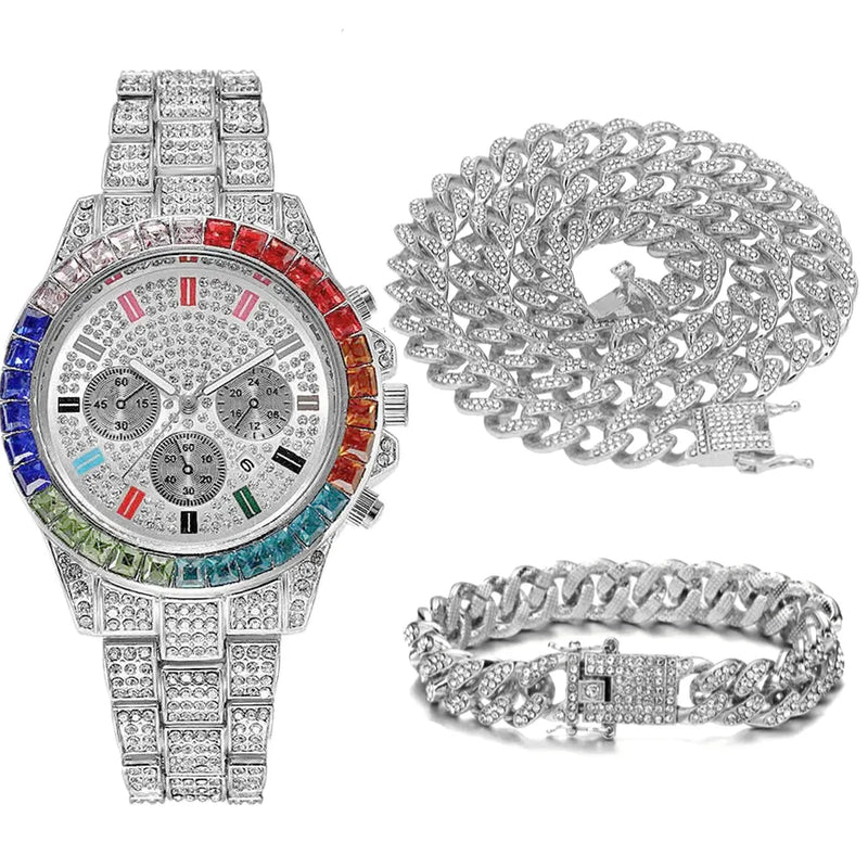 Silver Color Cuban Chain Necklace Watch Bracelet Set with Full Iced Out Rhinestones for Men