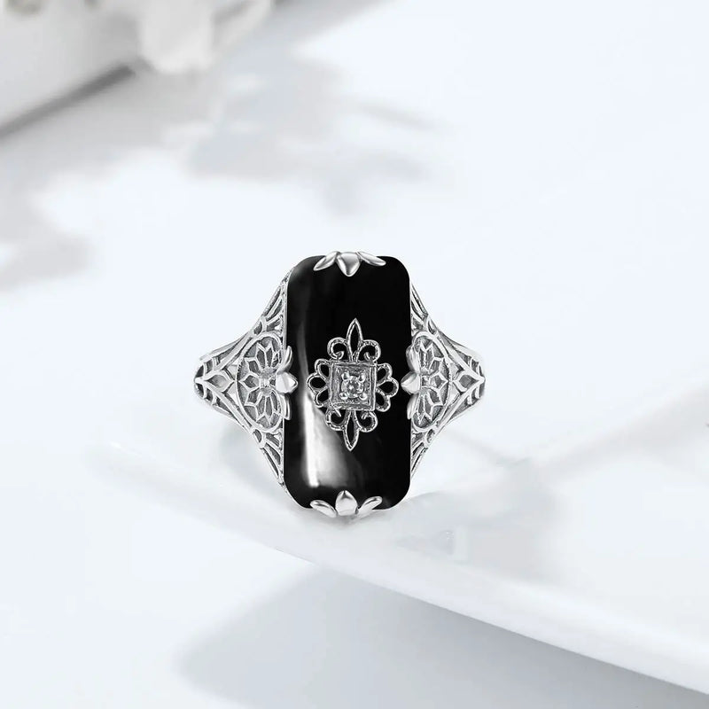 Sterling Silver Black Onyx Rectangle Ring for Women