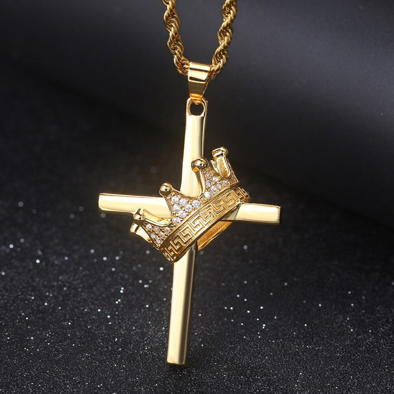 Silver Bling Zircon Diamonds Gemstones Crown & Cross Pendant Necklace for Men