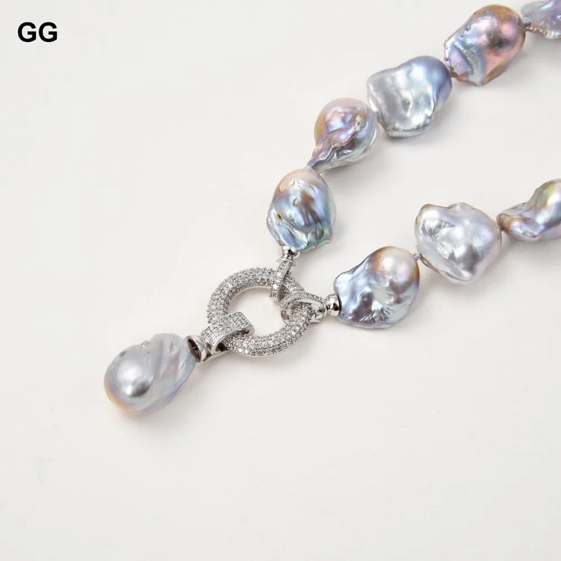 Sterling Silver Natural Gray Keshi Pearl Necklace with CZ Pendant for Women