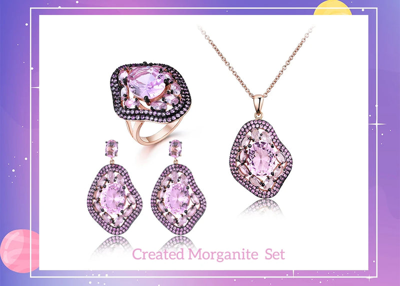 925 Sterling Silver Oval Nano Pink Moganite Pendant Necklace Earrings Set for Women