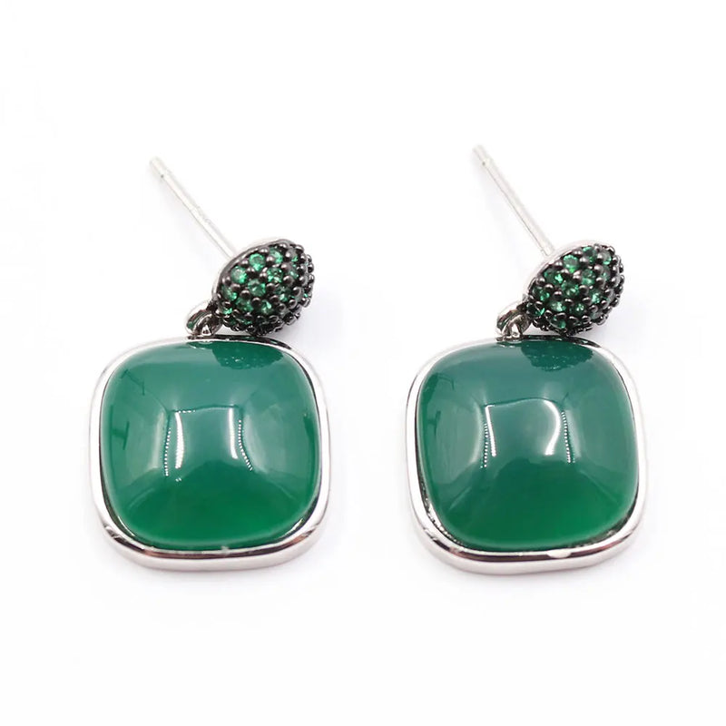 925 Silver Green Agate Stud Earrings with CZ for Women