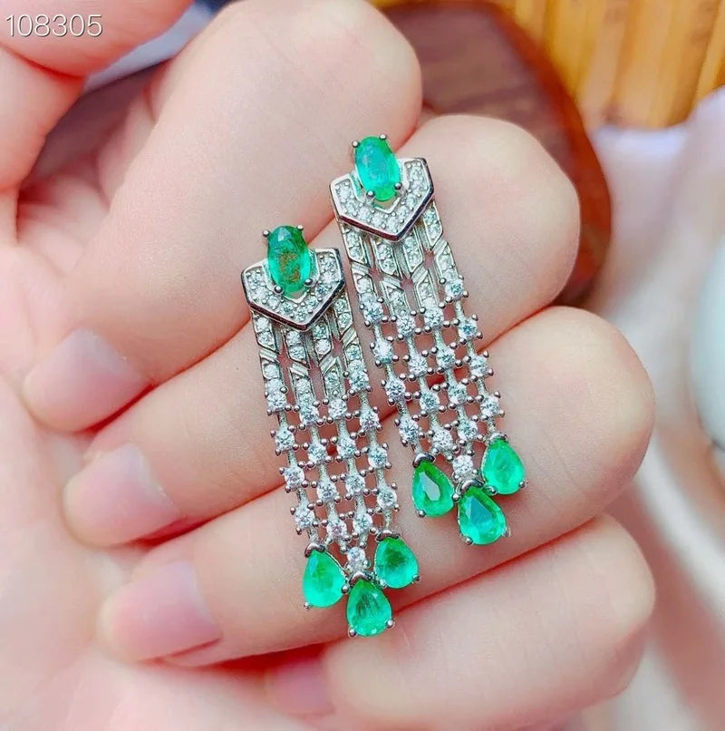 925 Sterling Silver Green Gemstone Created Emerald Dangle Earrings Ring for Women