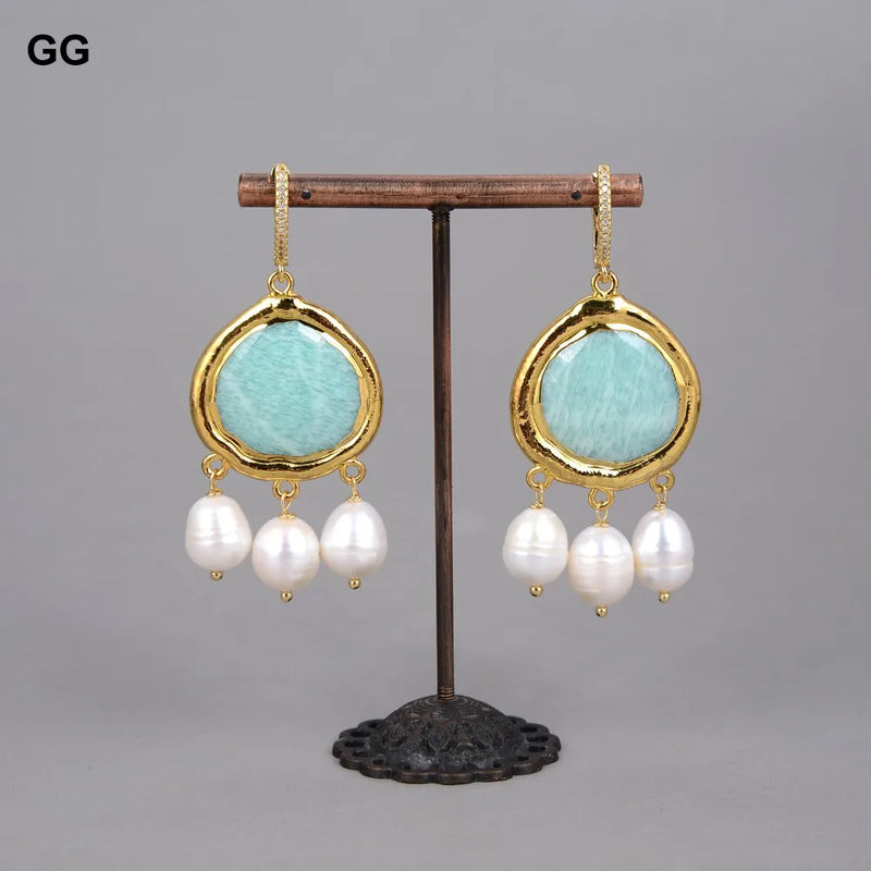 Silver Amazonite and Rice Pearl Dangle Earrings for Women