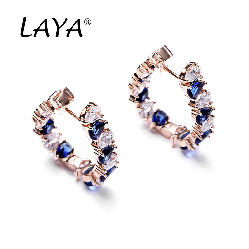 925 Sterling Silver Rose Gold Huggie Earrings with Blue Crystal for Women