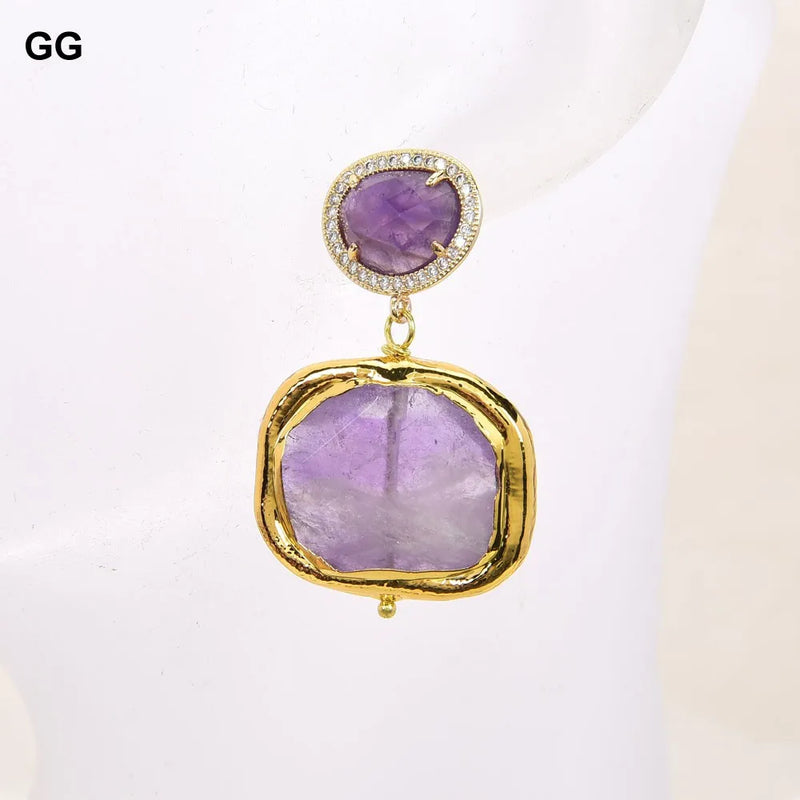 Gold Plated Amethyst and CZ Drop Stud Earrings for Women